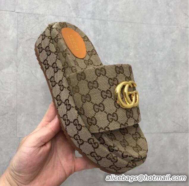 Good Quality Gucci GG Canvas Platform Slide Sandals with GG Beige 724086