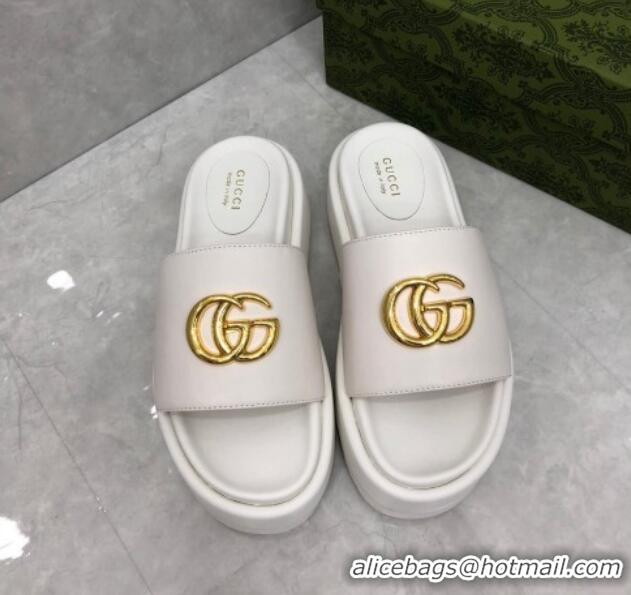 Durable Gucci Leather Platform Slide Sandals with GG White 724089