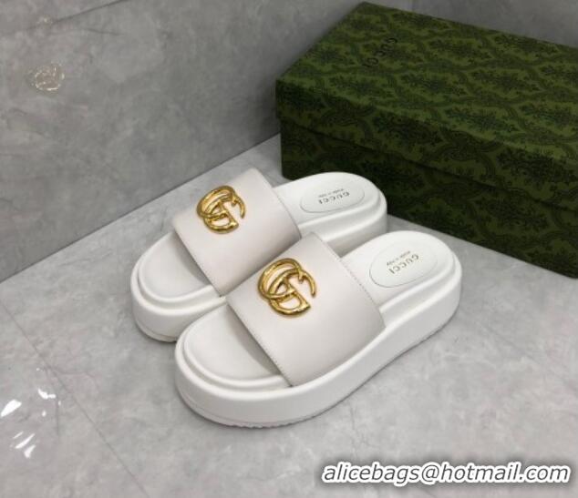 Durable Gucci Leather Platform Slide Sandals with GG White 724089