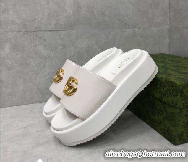 Durable Gucci Leather Platform Slide Sandals with GG White 724089