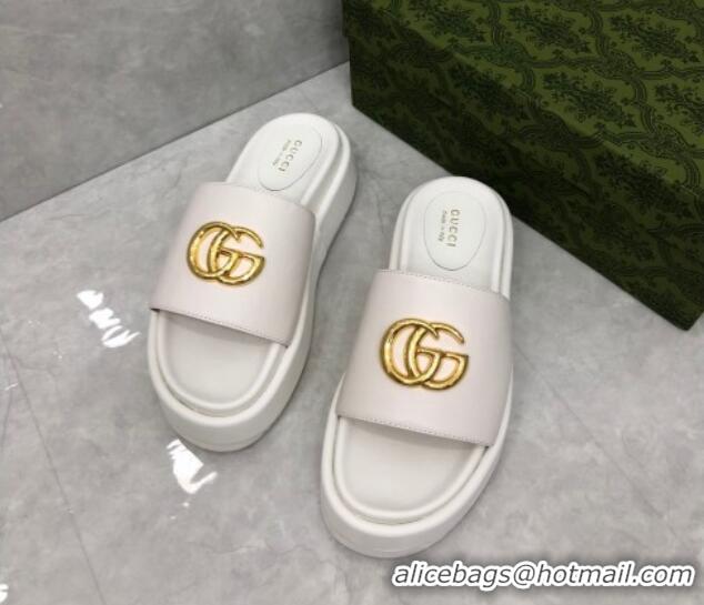 Durable Gucci Leather Platform Slide Sandals with GG White 724089