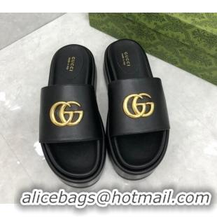 Popular Style Gucci Leather Platform Slide Sandals with GG Black 724090