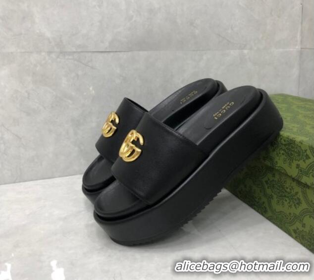 Popular Style Gucci Leather Platform Slide Sandals with GG Black 724090