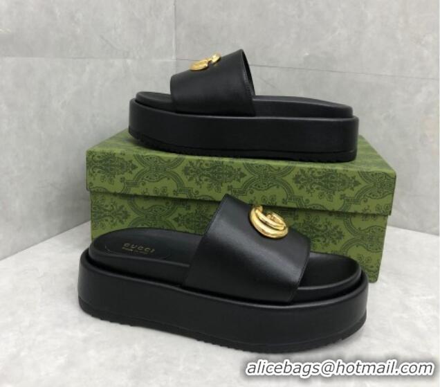 Popular Style Gucci Leather Platform Slide Sandals with GG Black 724090