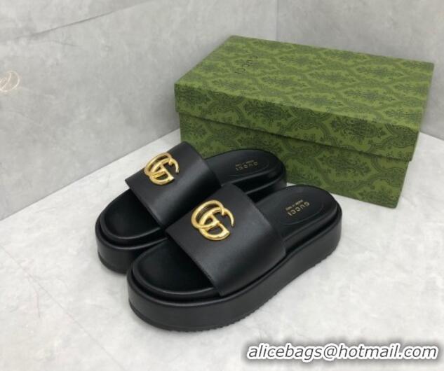 Popular Style Gucci Leather Platform Slide Sandals with GG Black 724090