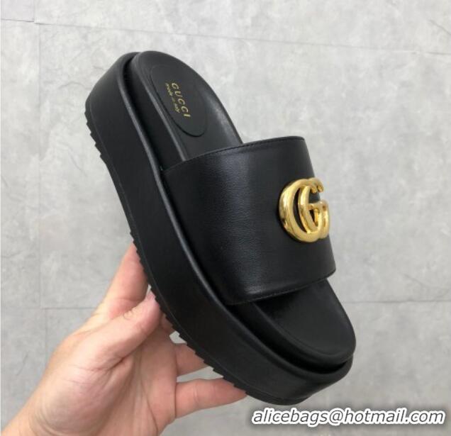 Popular Style Gucci Leather Platform Slide Sandals with GG Black 724090