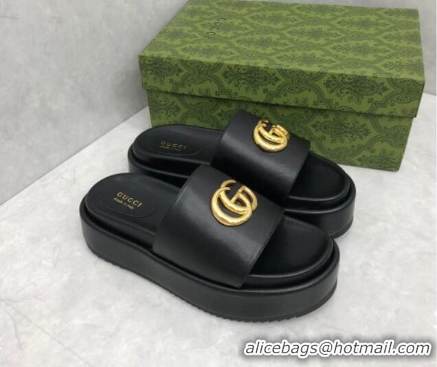 Popular Style Gucci Leather Platform Slide Sandals with GG Black 724090