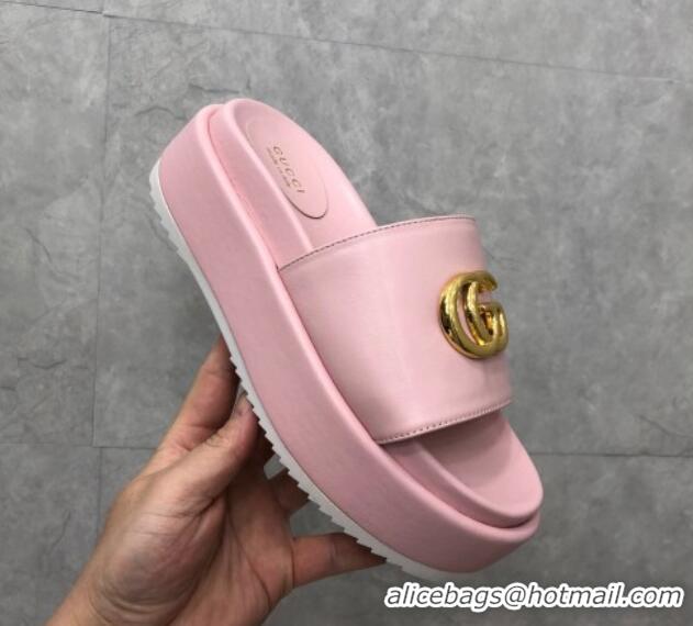 Sophisticated Gucci Leather Platform Slide Sandals with GG Light Pink 724091