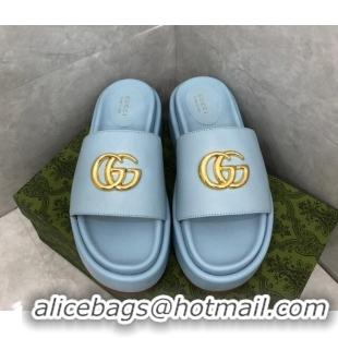 Big Discount Gucci Leather Platform Slide Sandals with GG Light Blue 724093