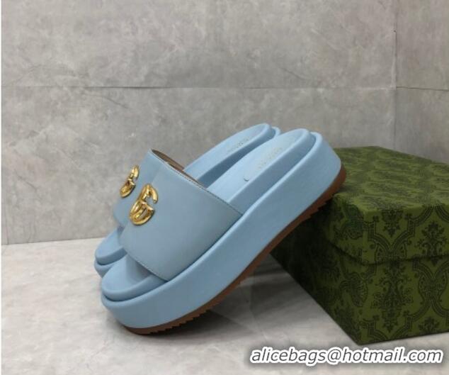 Big Discount Gucci Leather Platform Slide Sandals with GG Light Blue 724093