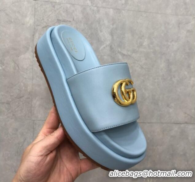 Big Discount Gucci Leather Platform Slide Sandals with GG Light Blue 724093