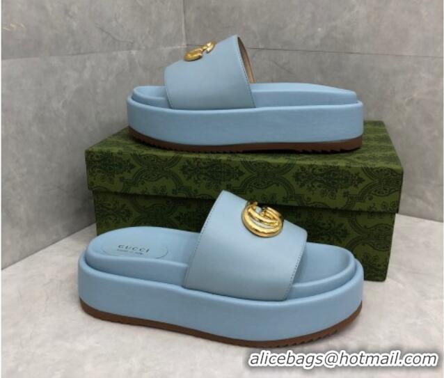 Big Discount Gucci Leather Platform Slide Sandals with GG Light Blue 724093