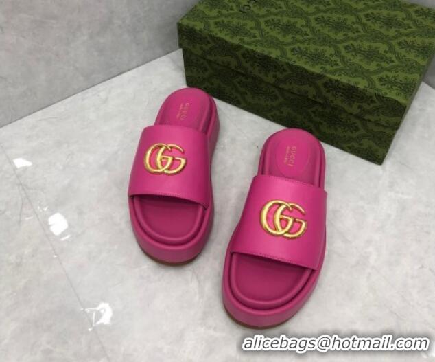 Unique Discount Gucci Leather Platform Slide Sandals with GG Dark Pink 724094