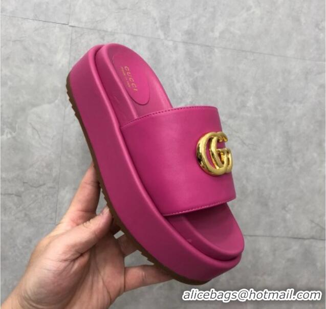 Unique Discount Gucci Leather Platform Slide Sandals with GG Dark Pink 724094