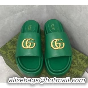 Duplicate Gucci Leather Platform Slide Sandals with GG Green 724095