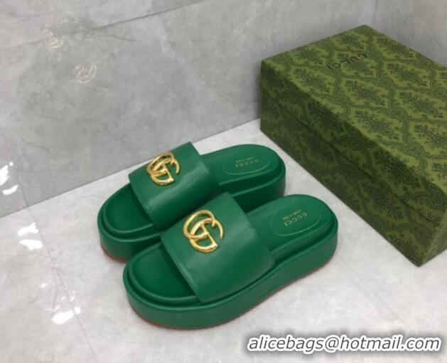 Duplicate Gucci Leather Platform Slide Sandals with GG Green 724095