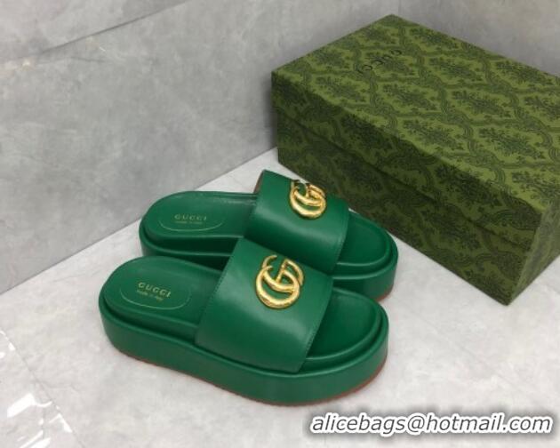 Duplicate Gucci Leather Platform Slide Sandals with GG Green 724095