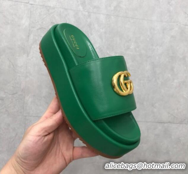 Duplicate Gucci Leather Platform Slide Sandals with GG Green 724095