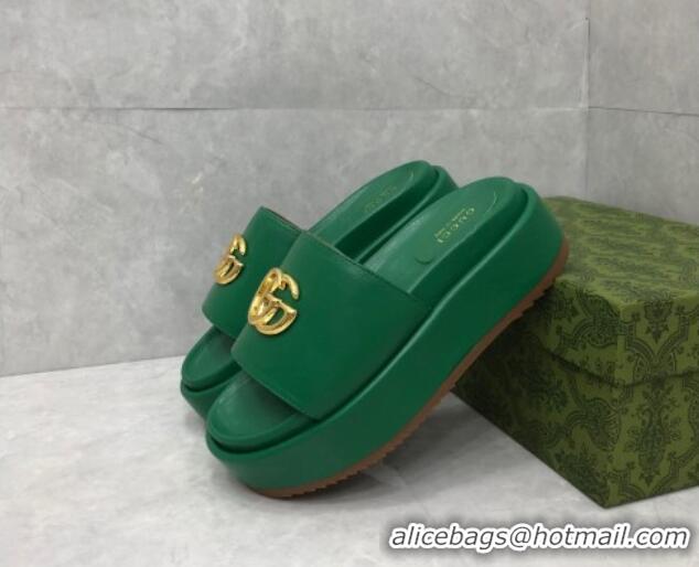 Duplicate Gucci Leather Platform Slide Sandals with GG Green 724095