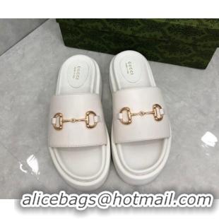 Good Quality Gucci Leather Platform Slide Sandals with Horsebit White 724096