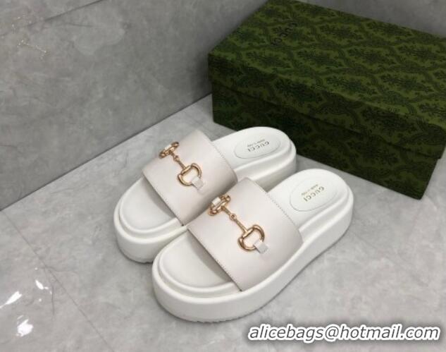 Good Quality Gucci Leather Platform Slide Sandals with Horsebit White 724096