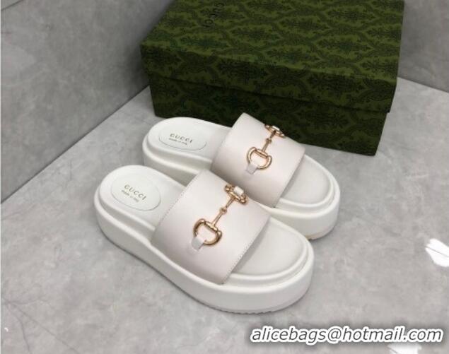 Good Quality Gucci Leather Platform Slide Sandals with Horsebit White 724096