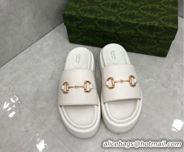 Good Quality Gucci Leather Platform Slide Sandals with Horsebit White 724096