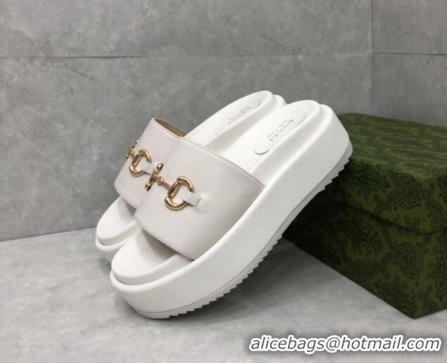 Good Quality Gucci Leather Platform Slide Sandals with Horsebit White 724096