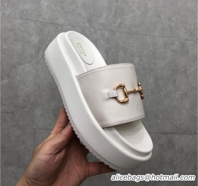 Good Quality Gucci Leather Platform Slide Sandals with Horsebit White 724096