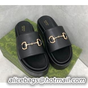 Grade Quality Gucci Leather Platform Slide Sandals with Horsebit Black 724097