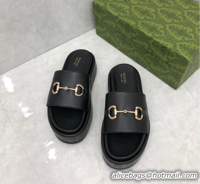 Grade Quality Gucci Leather Platform Slide Sandals with Horsebit Black 724097