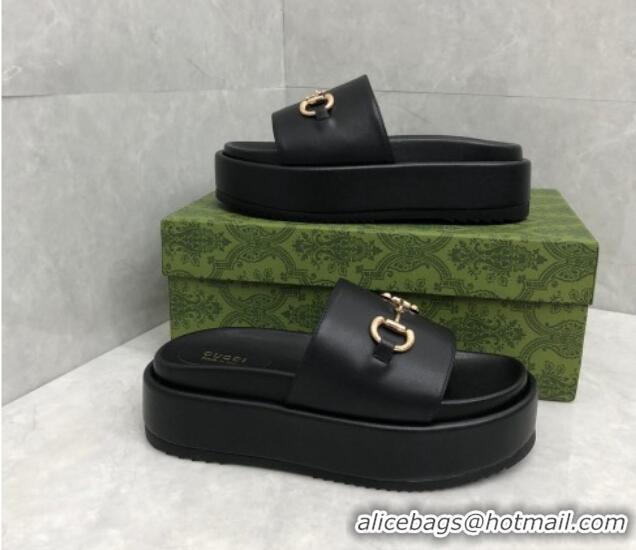 Grade Quality Gucci Leather Platform Slide Sandals with Horsebit Black 724097