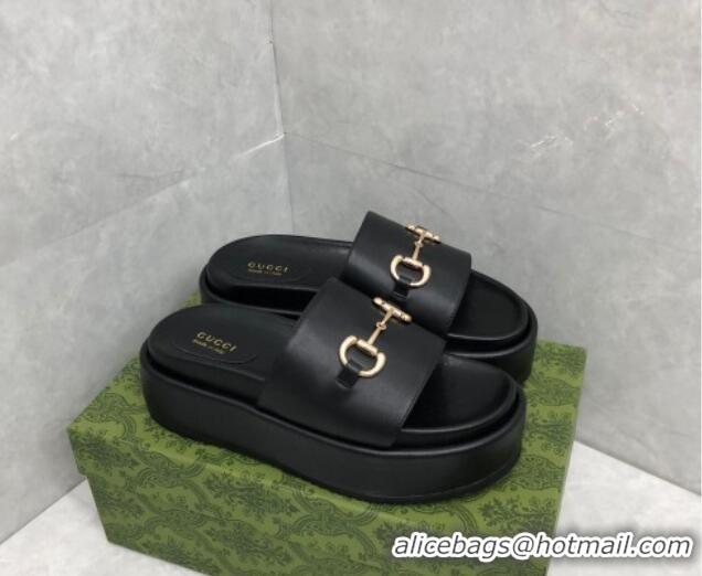 Grade Quality Gucci Leather Platform Slide Sandals with Horsebit Black 724097