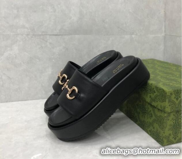 Grade Quality Gucci Leather Platform Slide Sandals with Horsebit Black 724097