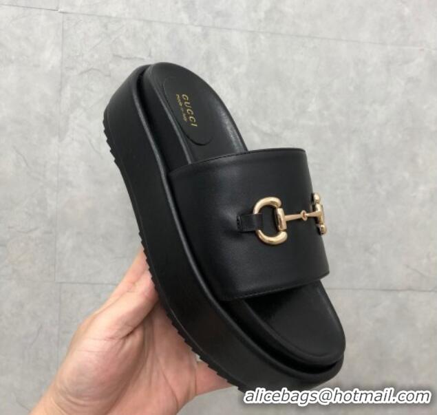 Grade Quality Gucci Leather Platform Slide Sandals with Horsebit Black 724097