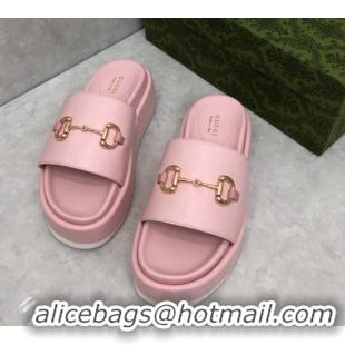 Best Grade Gucci Leather Platform Slide Sandals with Horsebit Light Pink 724098