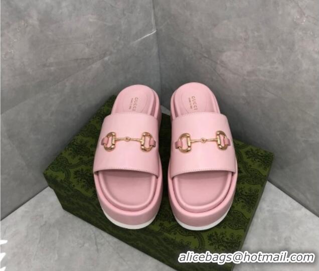 Best Grade Gucci Leather Platform Slide Sandals with Horsebit Light Pink 724098