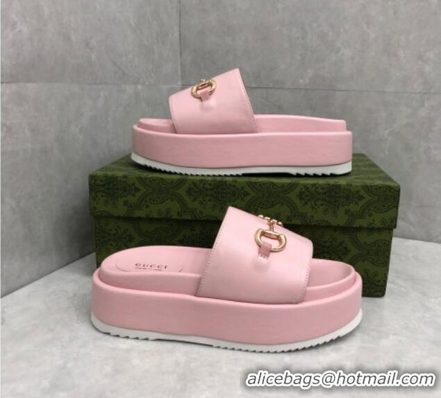 Best Grade Gucci Leather Platform Slide Sandals with Horsebit Light Pink 724098