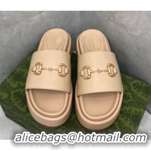 Low Price Gucci Leather Platform Slide Sandals with Horsebit Beige 724099