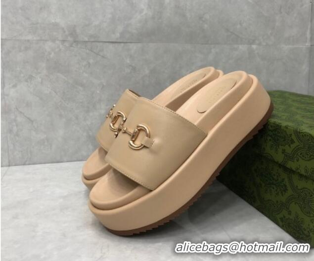 Low Price Gucci Leather Platform Slide Sandals with Horsebit Beige 724099