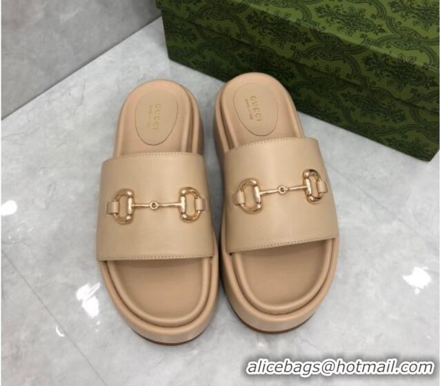 Low Price Gucci Leather Platform Slide Sandals with Horsebit Beige 724099