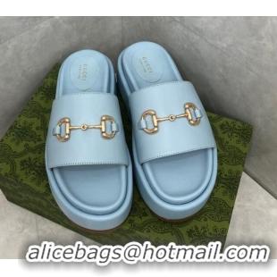 Discount Gucci Leather Platform Slide Sandals with Horsebit Light Blue 724100