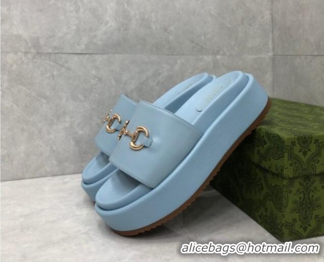 Discount Gucci Leather Platform Slide Sandals with Horsebit Light Blue 724100