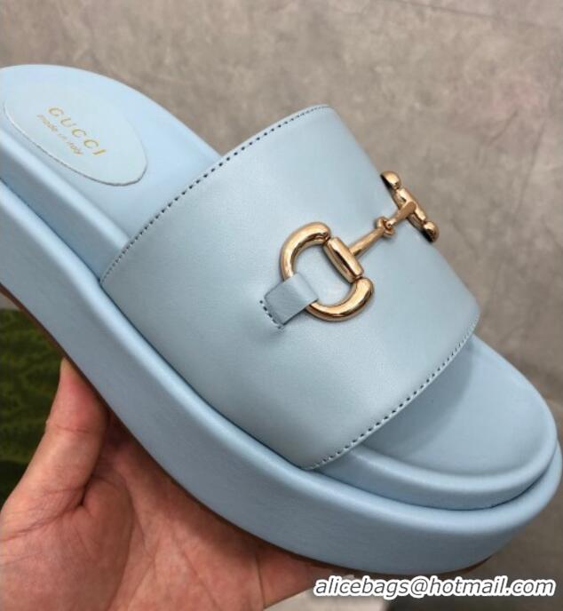 Discount Gucci Leather Platform Slide Sandals with Horsebit Light Blue 724100