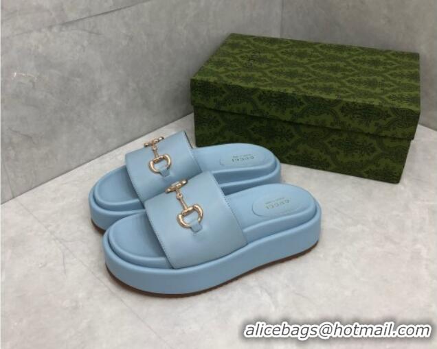 Discount Gucci Leather Platform Slide Sandals with Horsebit Light Blue 724100