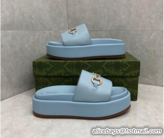 Discount Gucci Leather Platform Slide Sandals with Horsebit Light Blue 724100