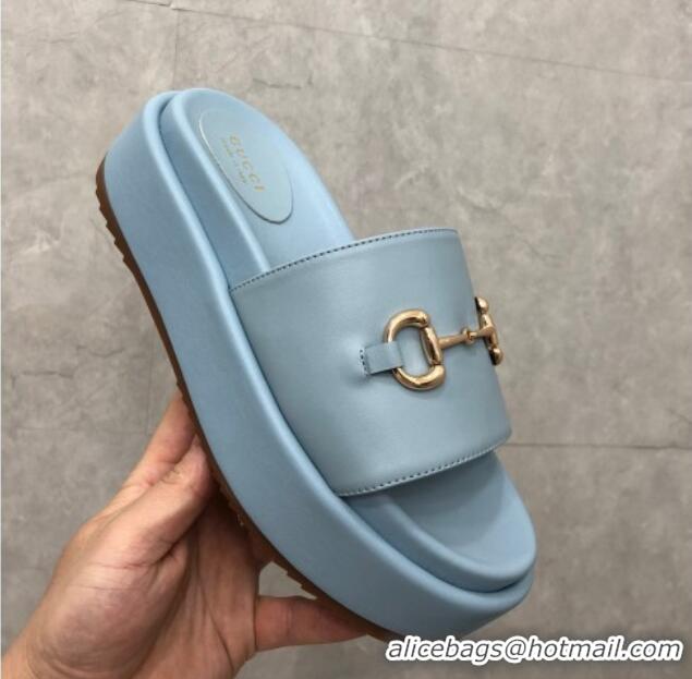 Discount Gucci Leather Platform Slide Sandals with Horsebit Light Blue 724100