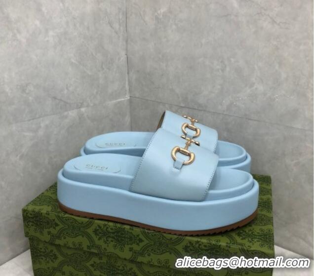 Discount Gucci Leather Platform Slide Sandals with Horsebit Light Blue 724100