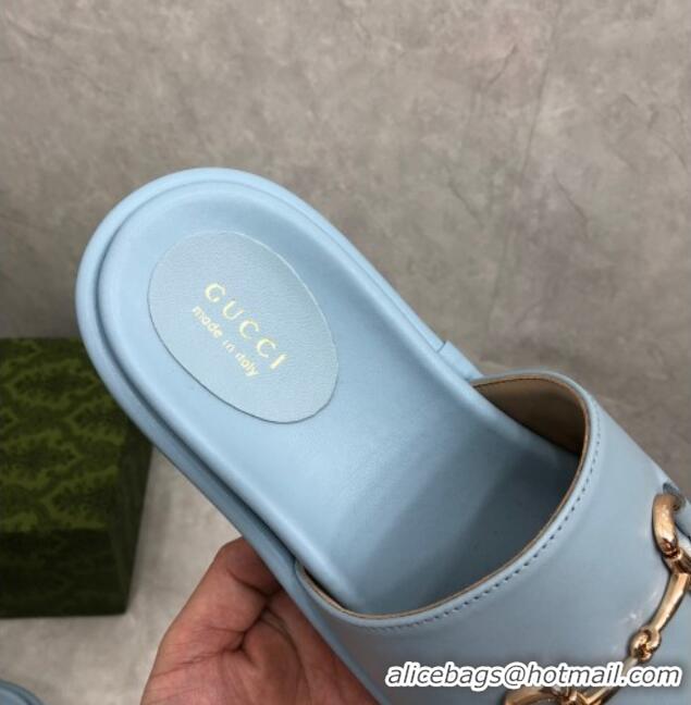 Discount Gucci Leather Platform Slide Sandals with Horsebit Light Blue 724100