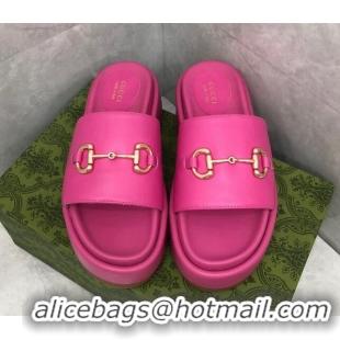 Lowest Price Gucci Leather Platform Slide Sandals with Horsebit Dark Pink 724101